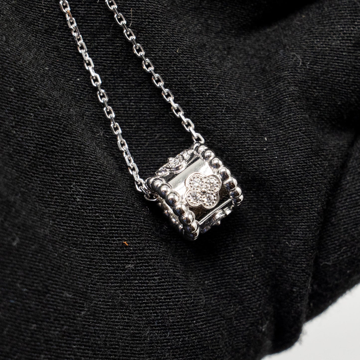 Van Cleef and Arpels Perlee Clovers Pendant white gold diamonds with angle filed trace chain (sell in a set)