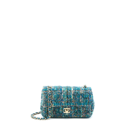 Chanel Mini Rectangular Flap Bag Tweed Multicolor Green LGHW