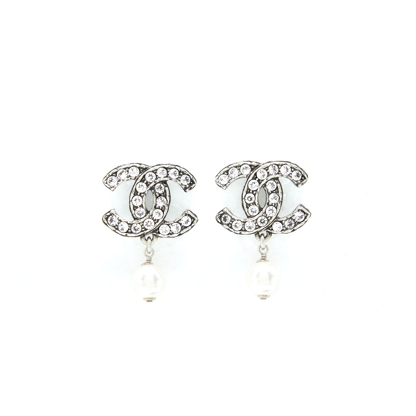 Chanel Crystal CC Earrings With Dropping Pearl SHW