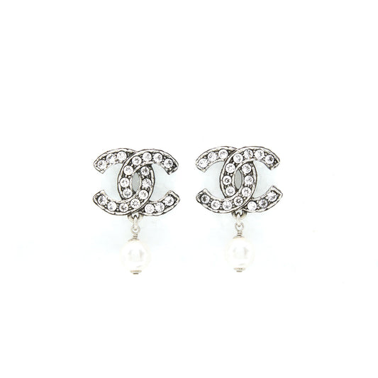 Chanel Crystal CC Earrings With Dropping Pearl SHW