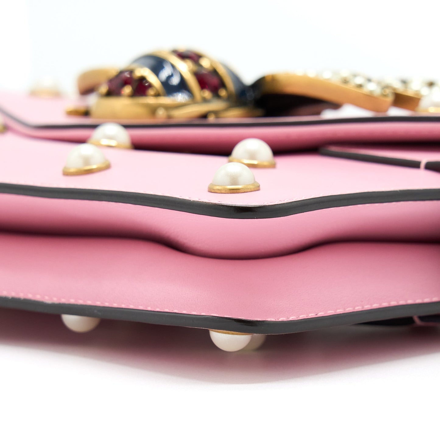 Gucci Pearl Studded Mini Broadway Bee Shoulder Bag Pink GHW