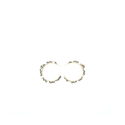 Chanel CC Logo Hoop Earrings Leather Chain/Pearl/Light Gold Tone