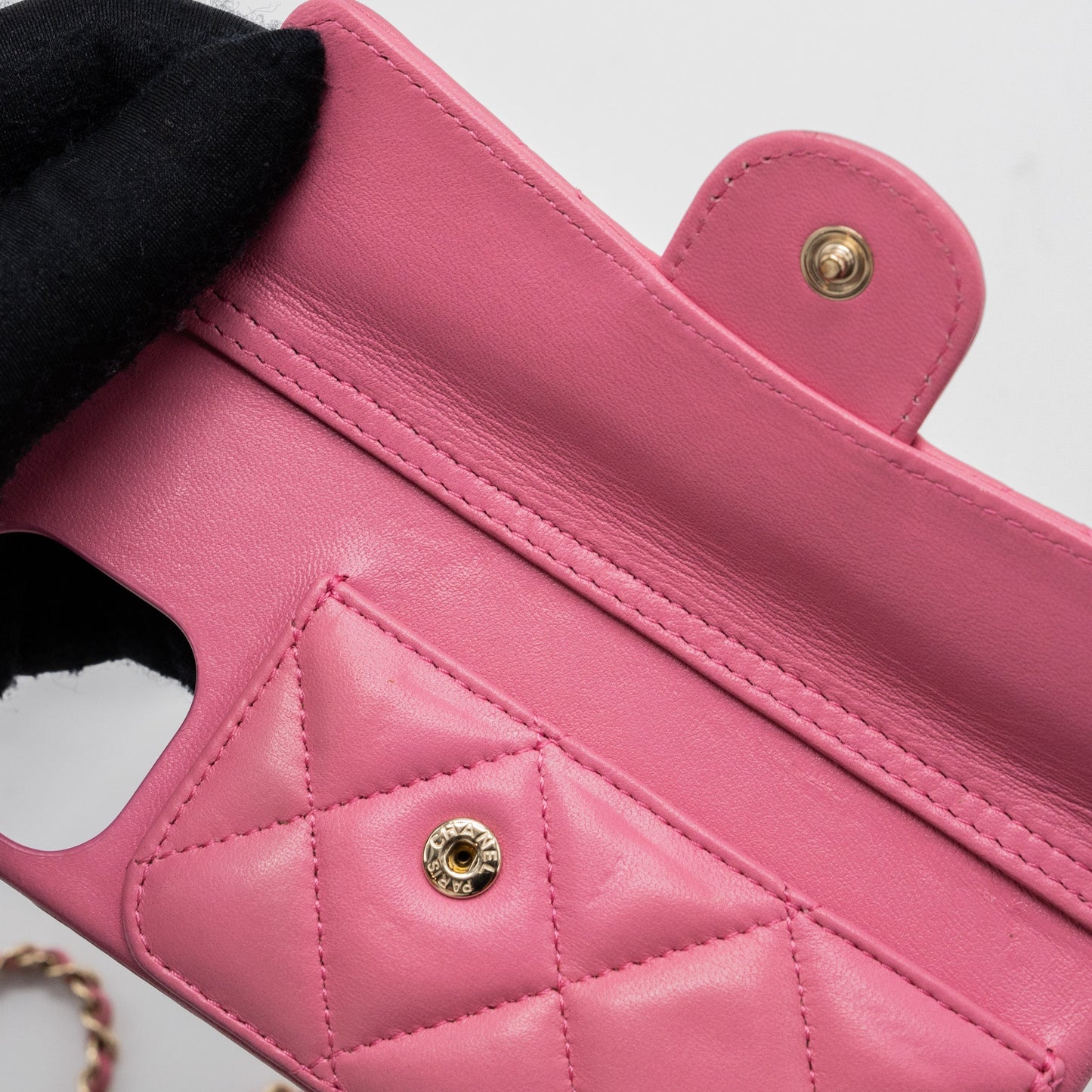 Chanel 21P pearl crush phone case with chain for iPhone 12 lambskin pink LGHW