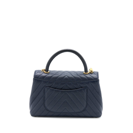 Chanel Medium Chevron Coco Handle Bag Caviar with Lizard Handle Navy Brushed GHW