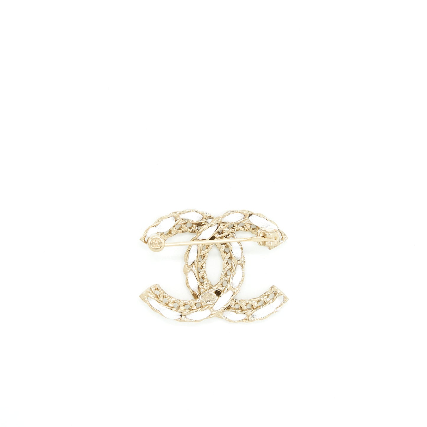 Chanel Small Leather Chain CC Logo Brooch White/Light Gold Tone
