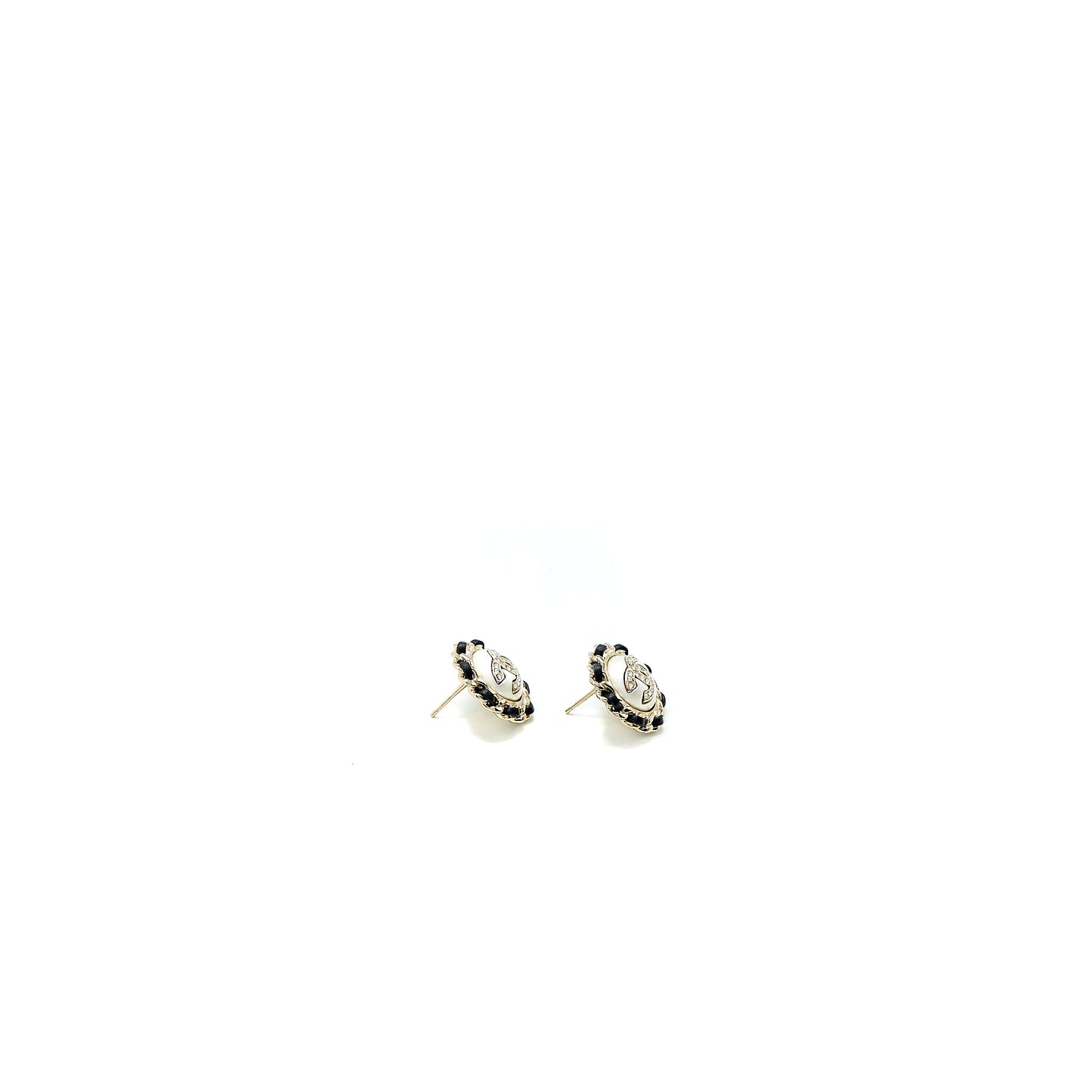 Chanel Round CC Logo Earring Leather Chain/Crystal Light Gold Tone
