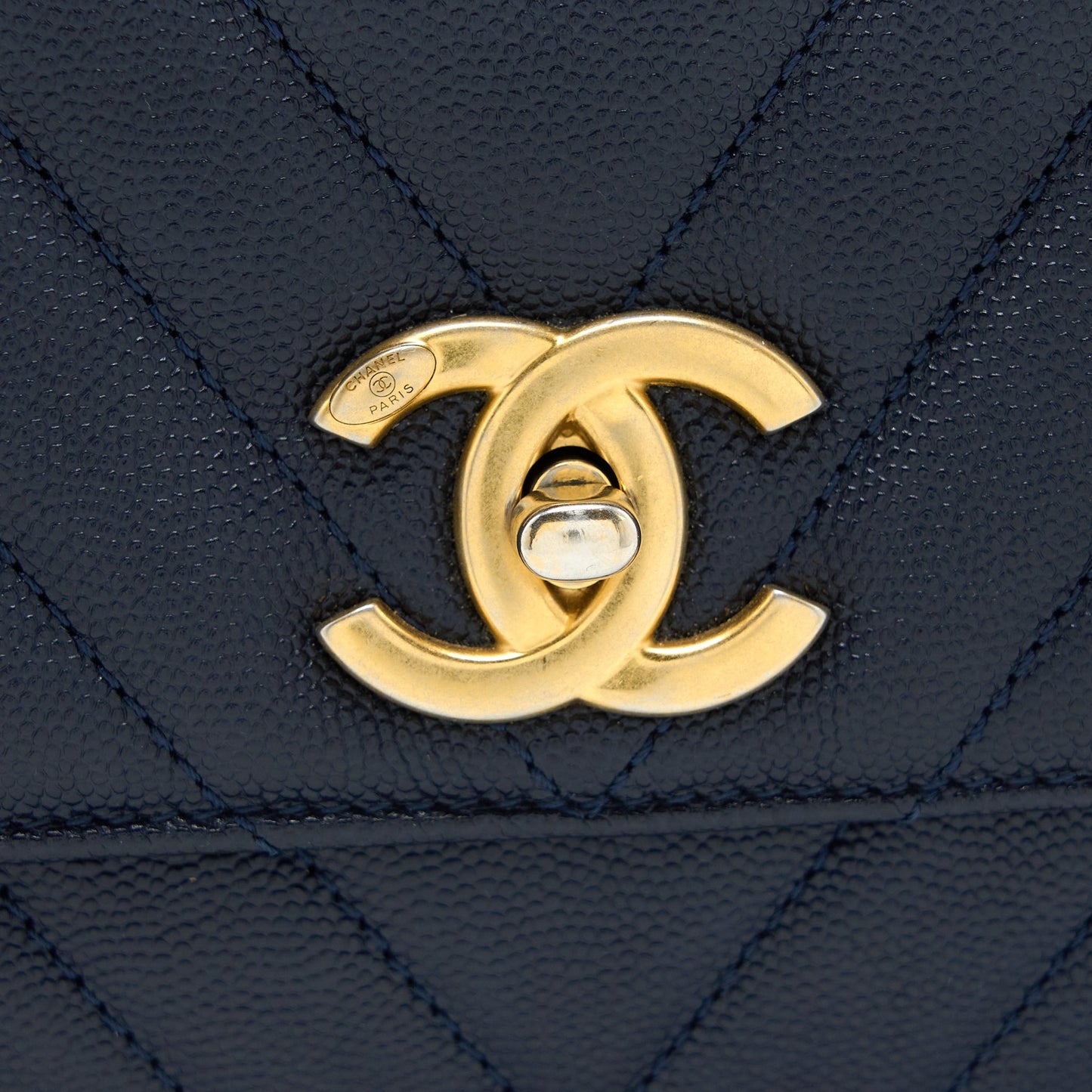 Chanel Medium Chevron Coco Handle Bag Caviar with Lizard Handle Navy Brushed GHW
