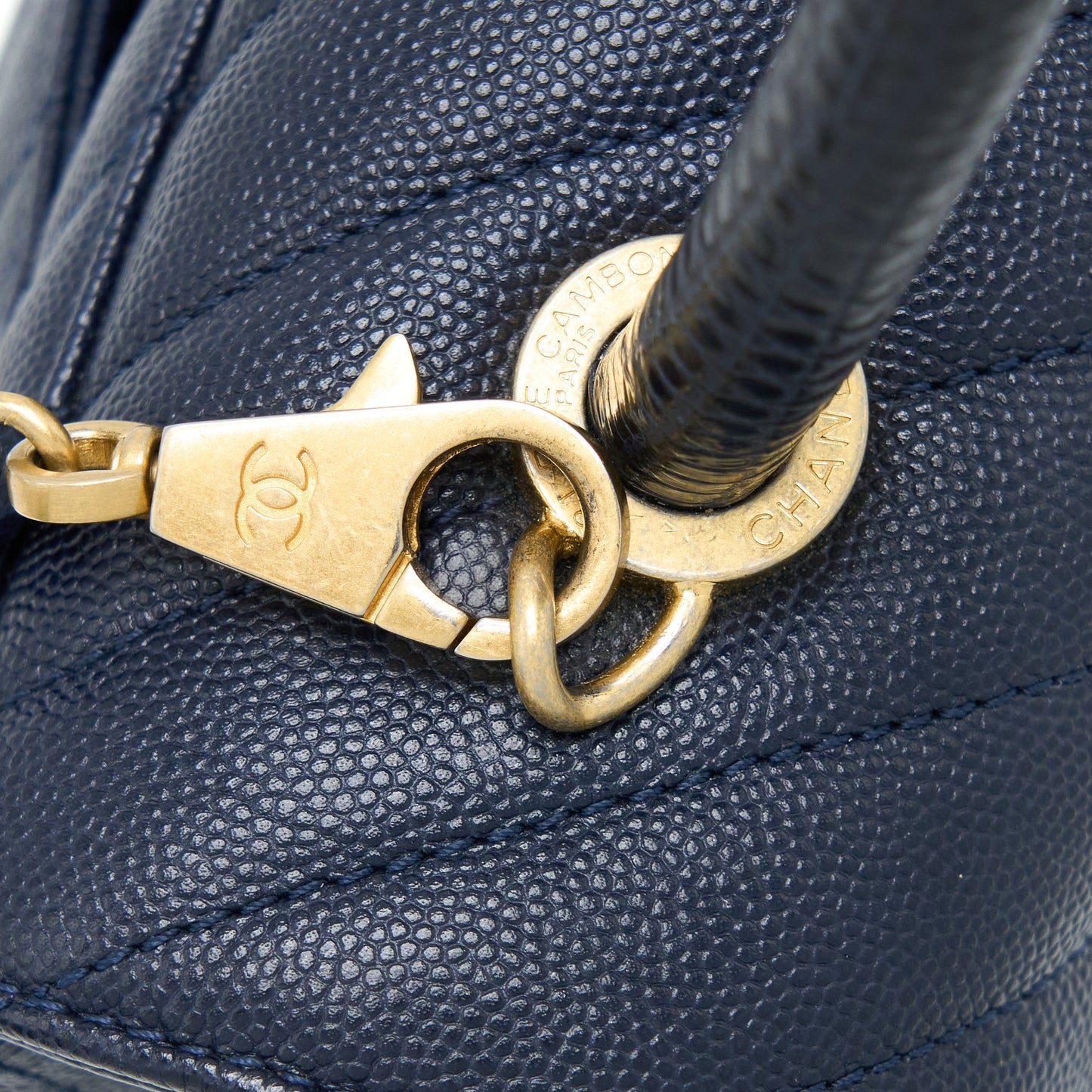 Chanel Medium Chevron Coco Handle Bag Caviar with Lizard Handle Navy Brushed GHW