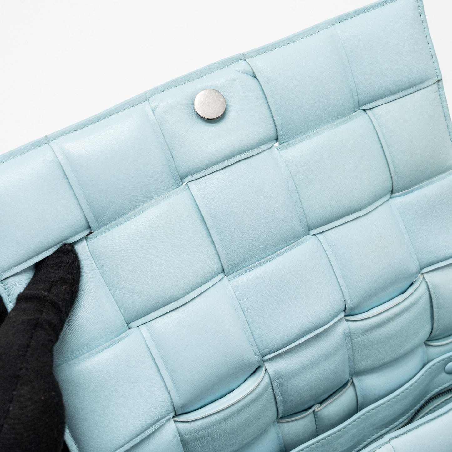 Bottega Veneta padded cassette soft lambskin light blue SHW