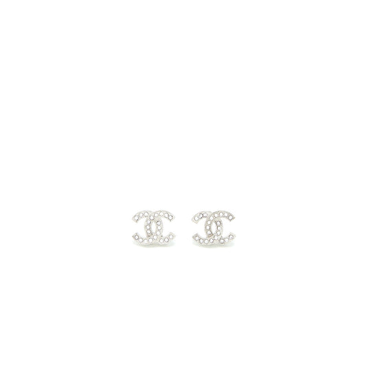 Chanel CC Logo Earrings Crystal Silver Tone