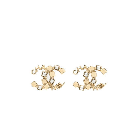 Chanel Letter and Square CC Earrings Light Gold Tone