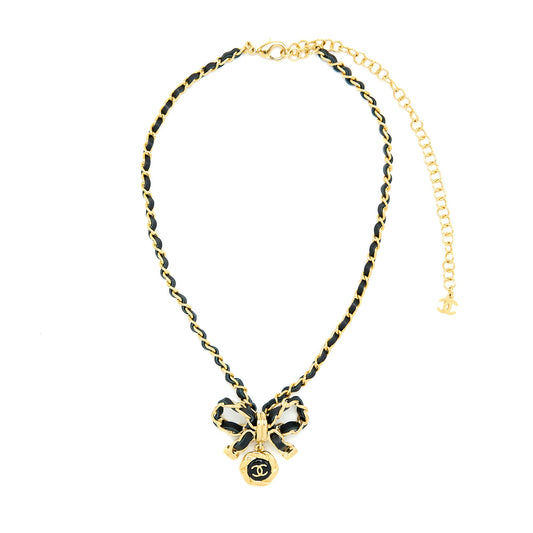 Chanel Leather Chain Bow And Round CC Logo Drop Necklace Gold Tone