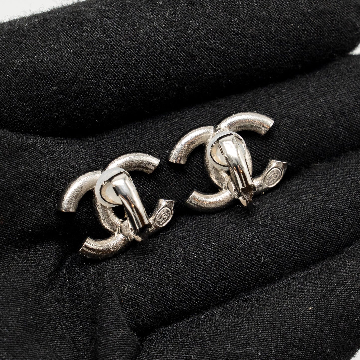 Chanel Crystal/Enamel CC Logo Ear Clips Silver Tone
