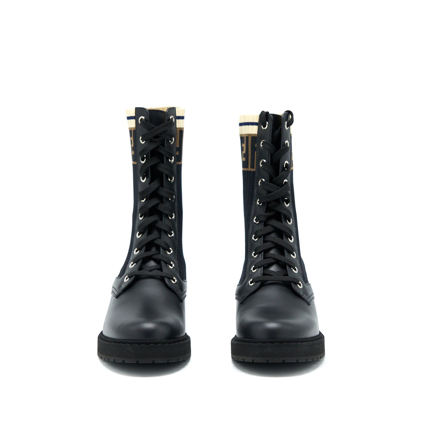 FENDI Size 37 Black Leather Biker Boots With Stretch Fabric SHW
