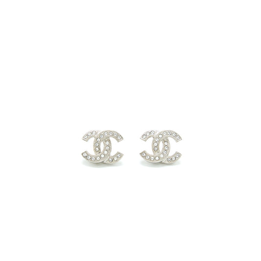 Chanel Mini Classic CC Logo Earrings Silver Tone