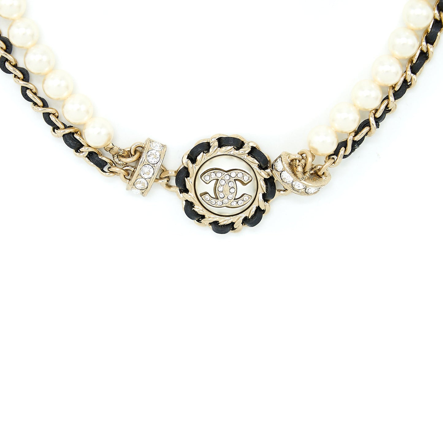 Chanel Crystal CC Logo Leather Chain/ Pearl Chocker Light Gold Tone