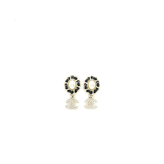 Chanel Crystal CC Logo Drop Earrings Leather Pearl Light Gold Tone