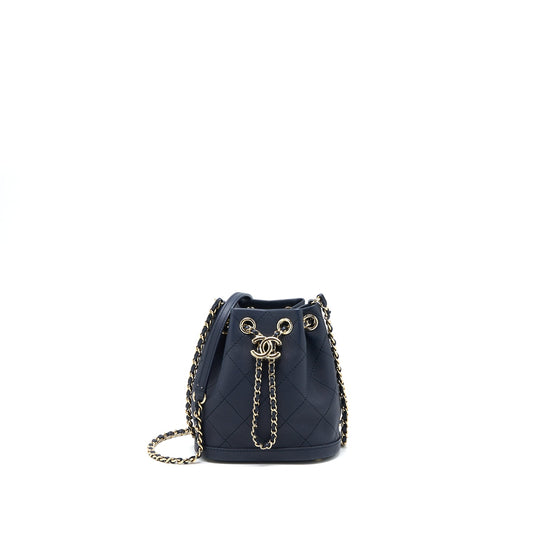 Chanel Mini Drawstring Bucket Bag Lambskin Navy GHW