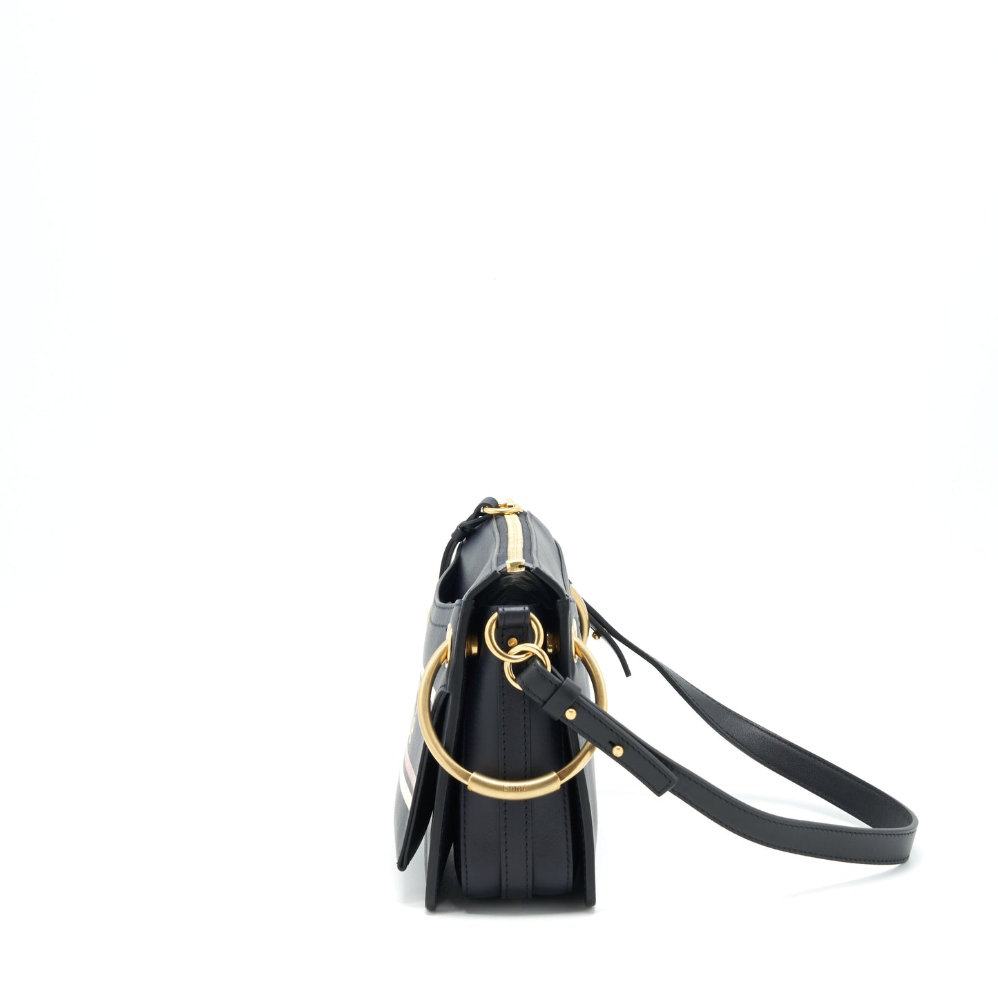 Chloe Logo Print Shoulder Bag Navy GHW