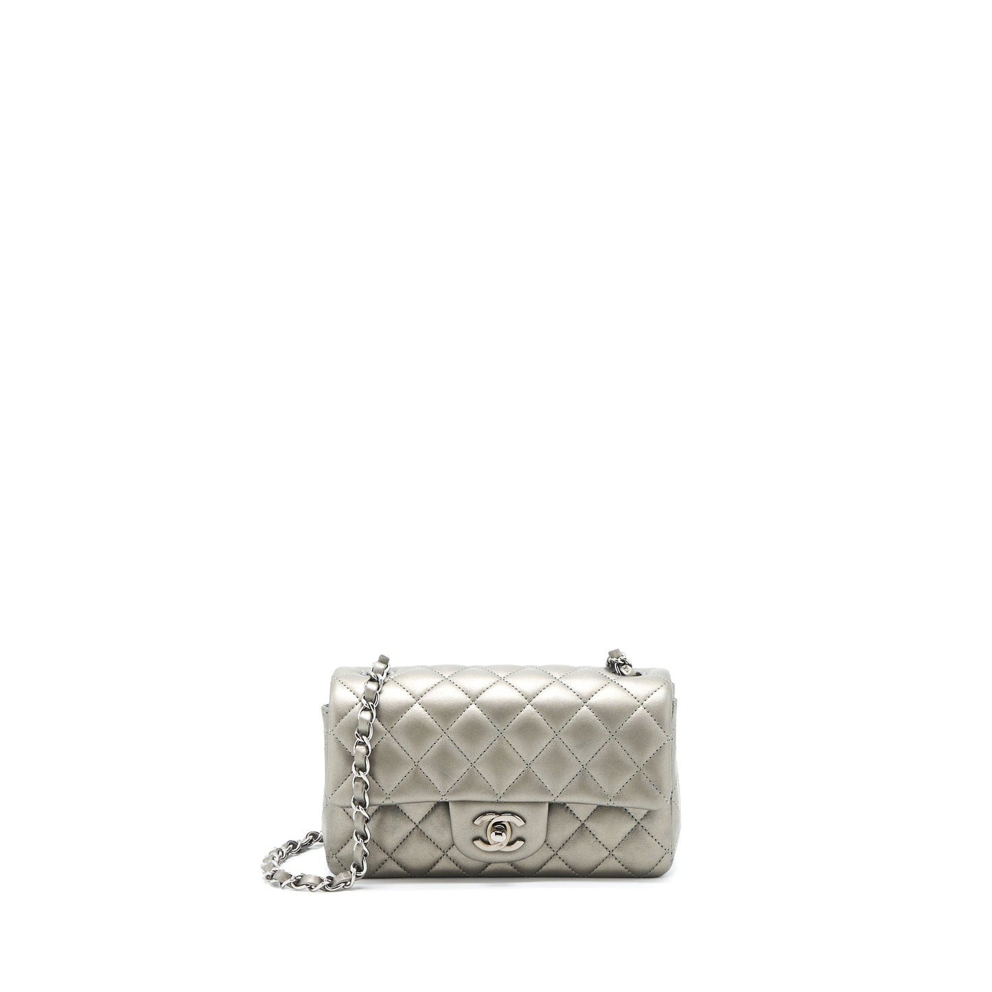 Chanel 21B Mini Rectangular Flap Bag Calfskin Metallic Silver with Shiny Ruthenium Hardware (Microchip)
