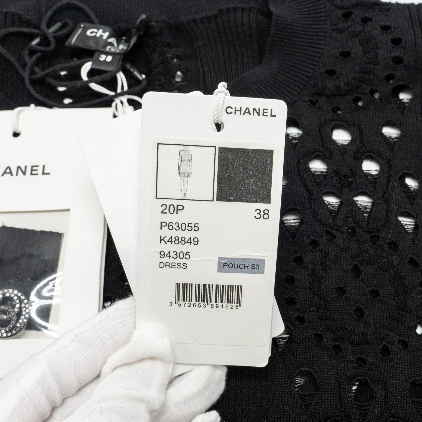 Chanel Size 38 20P Crochet Lace Knit CC Logo Dress Cotton Black
