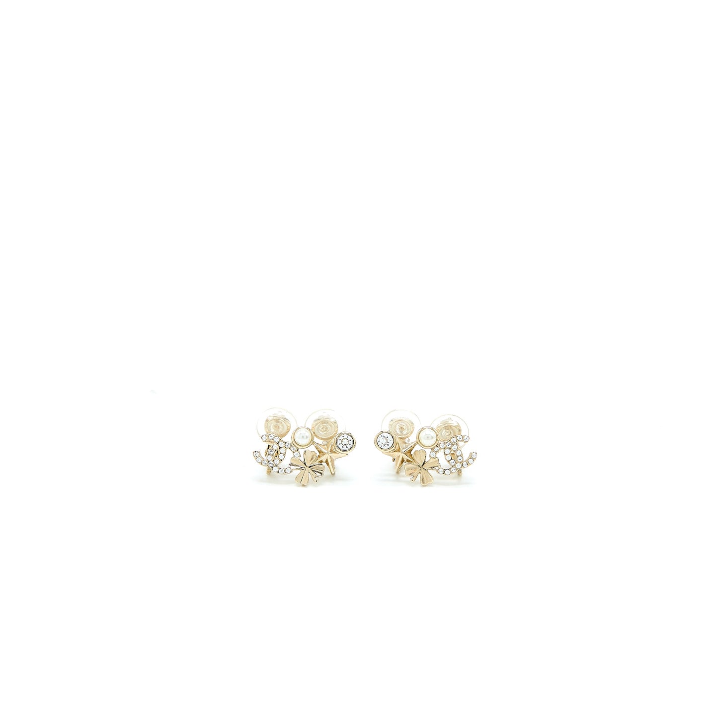 Chanel CC Logo Flower Ear Clip Crystal/Pearl Light Gold Tone