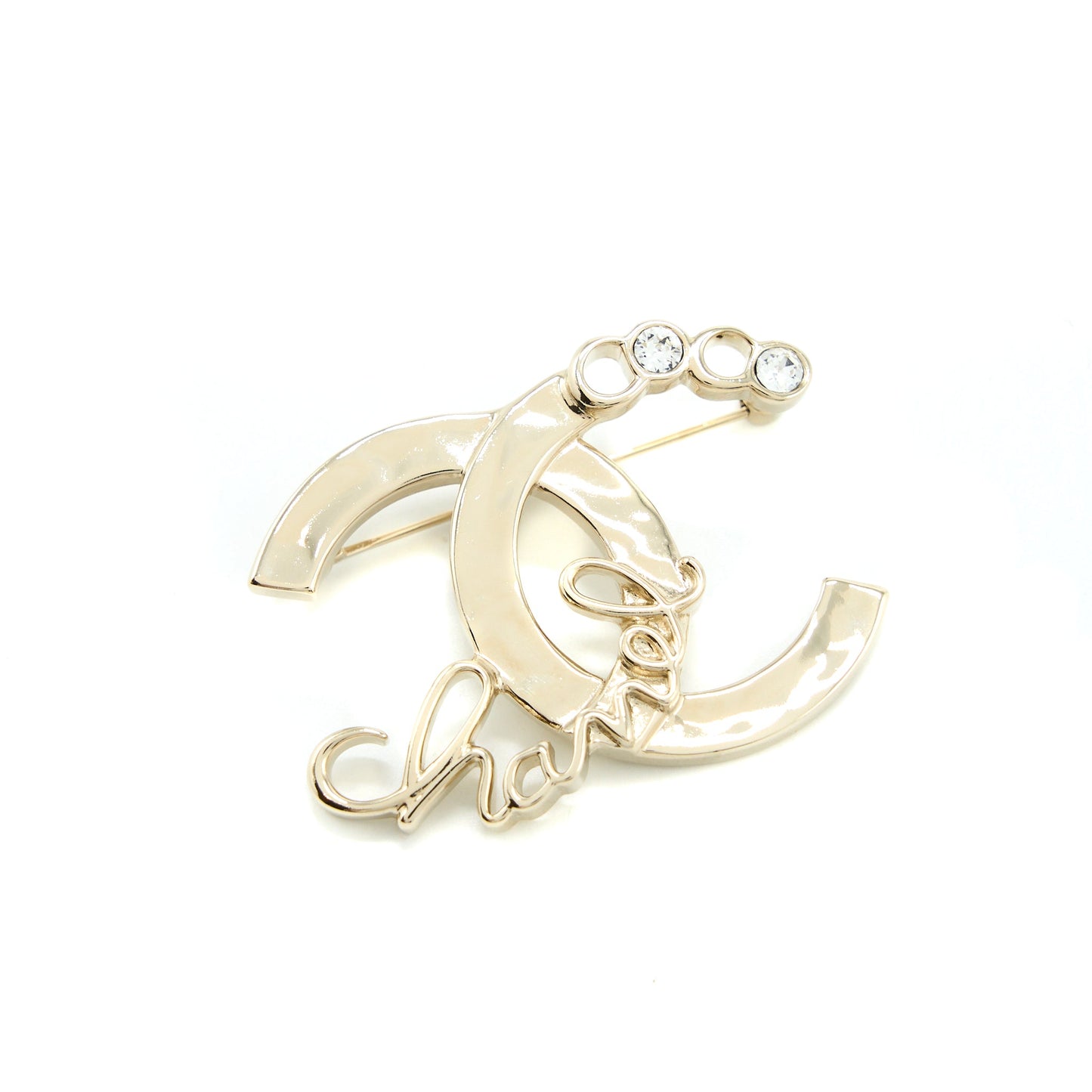 Chanel CC Logo Coco Letter Brooch Crystal Light Gold Tone