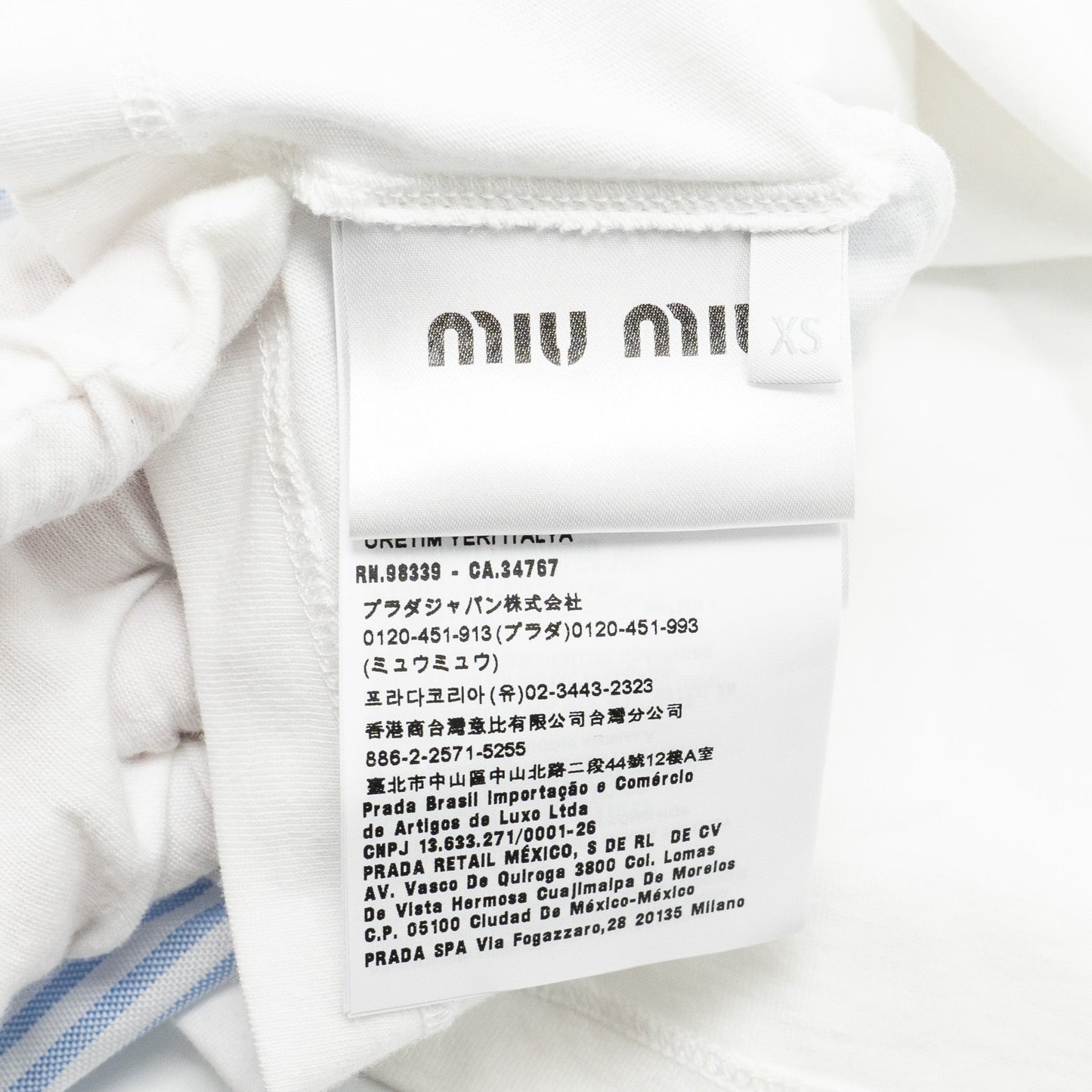 Miu miu size XS long sleeved embroidered cotton tee multicolour white/ light blue
