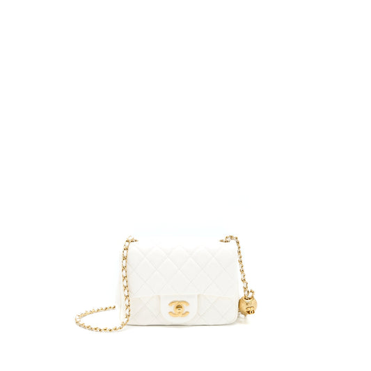 Chanel Pearl Crush Mini Square Flap Bag Lambskin White GHW(Microchip)