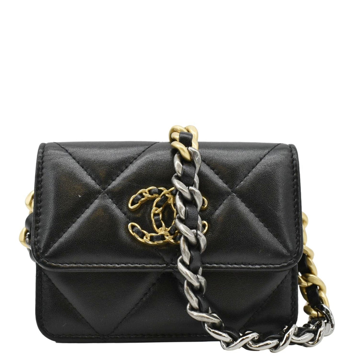 CHANEL 19 Flap Coin Purse Quilted Leather Chain Crossbody Bag Black