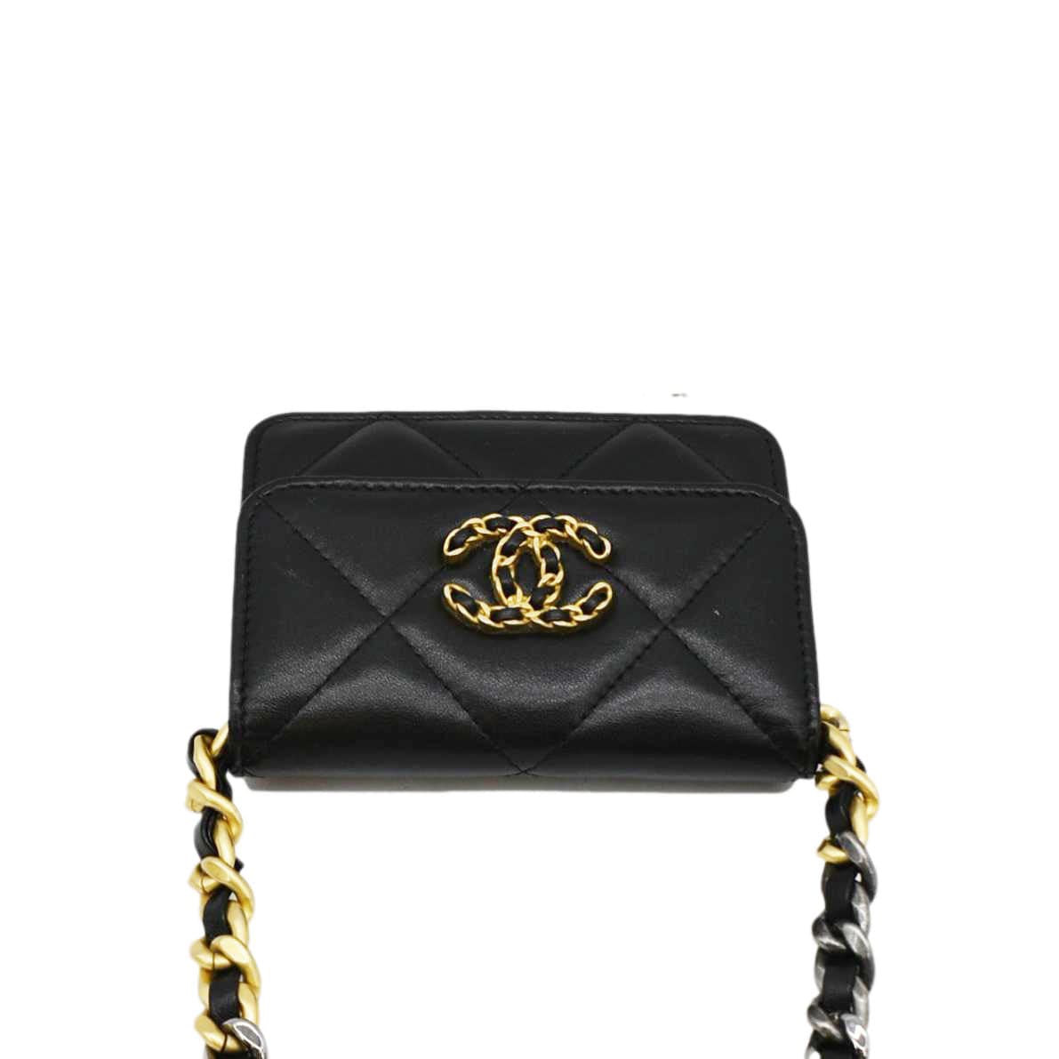 CHANEL 19 Flap Coin Purse Quilted Leather Chain Crossbody Bag Black