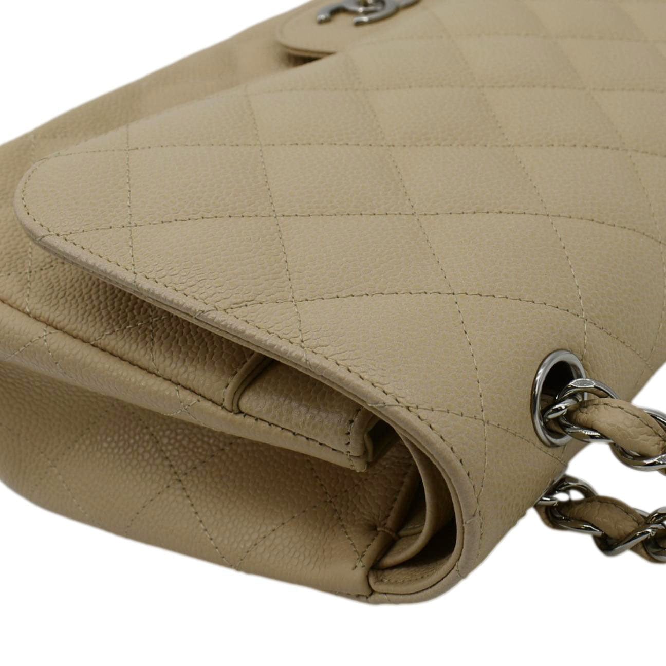 CHANEL Classic Jumbo Double Flap Quilted Caviar Leather Shoulder Bag Cream