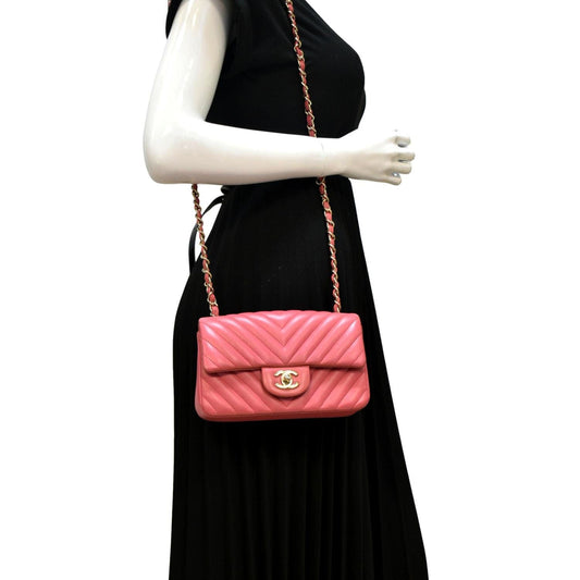 CHANEL Timeless Classic Square Flap Chevron Calfskin Leather Crossbody Bag Pink