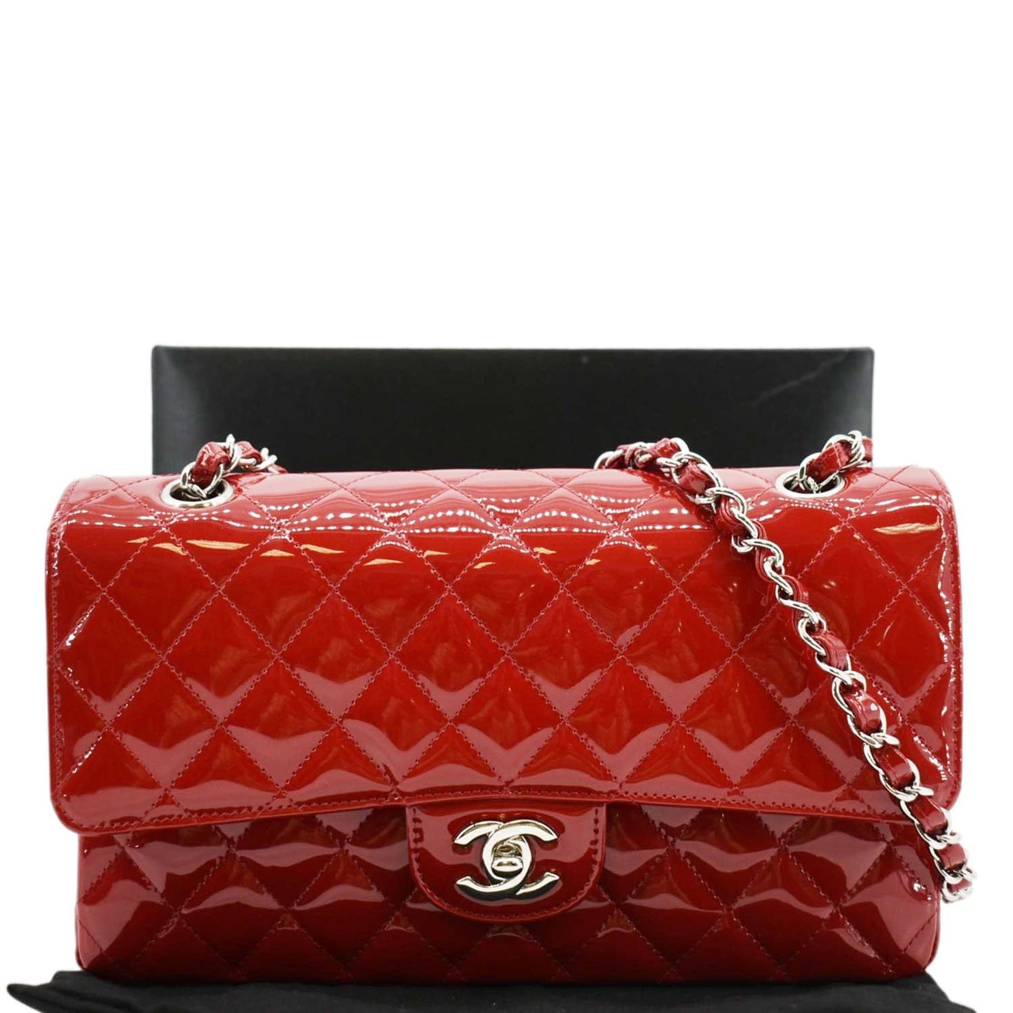 CHANEL Classic Medium Double Flap Quilted Patent Leather Shoulder Bag Red
