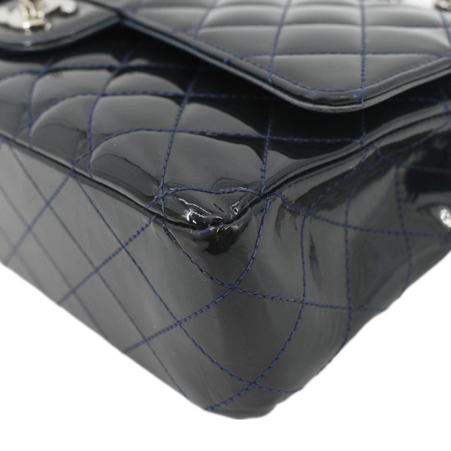 CHANEL Medium Double Flap Quilted Patent Leather Shoulder Bag Olive