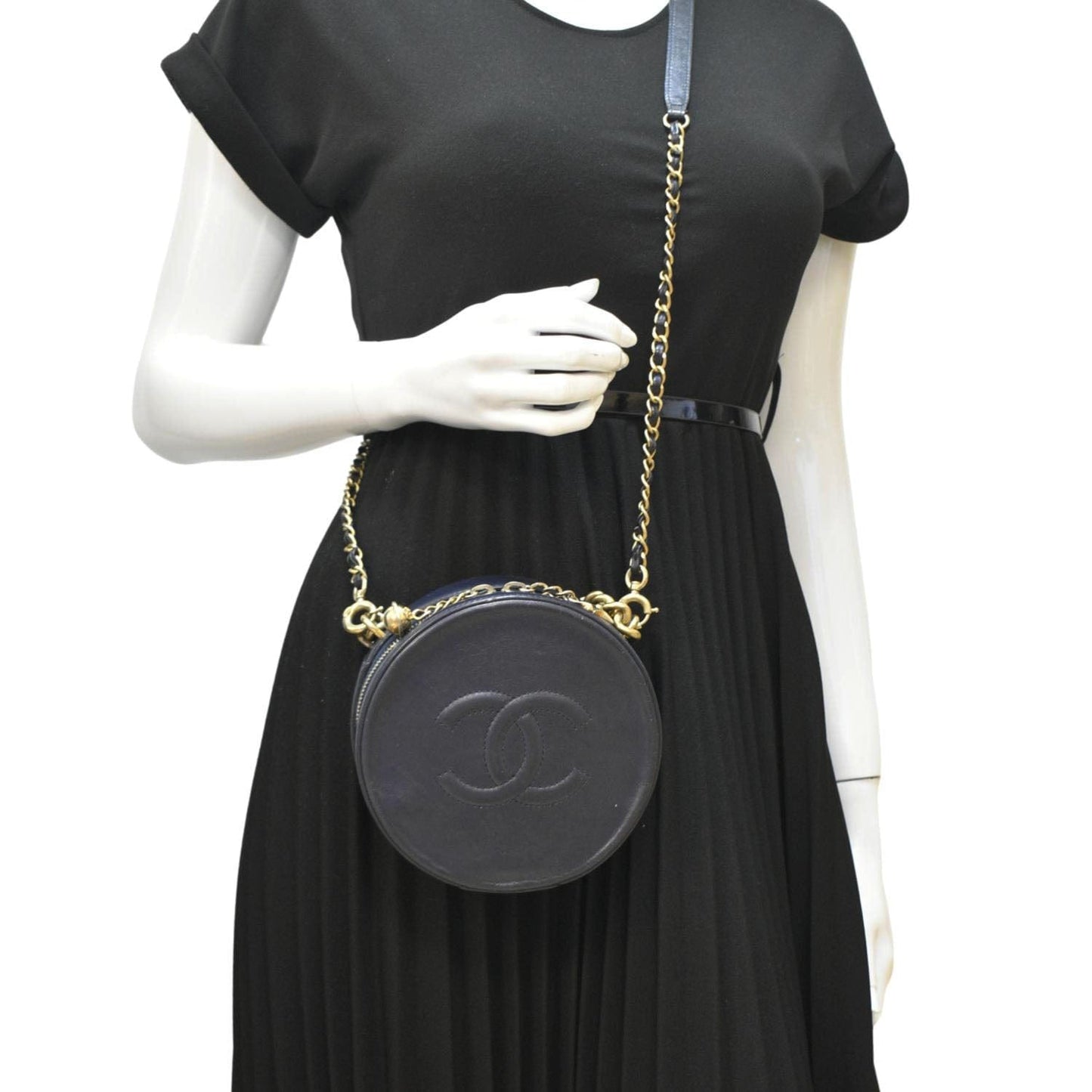 CHANEL Glazed Round As Earth Leather Evening Crossbody Bag Navy Blue