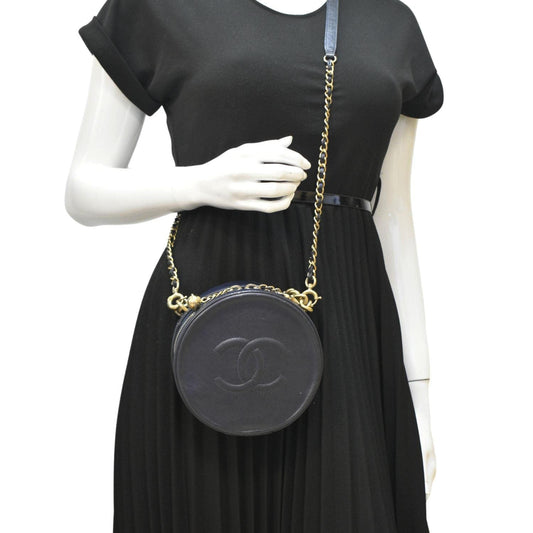 CHANEL Glazed Round As Earth Leather Evening Crossbody Bag Navy Blue