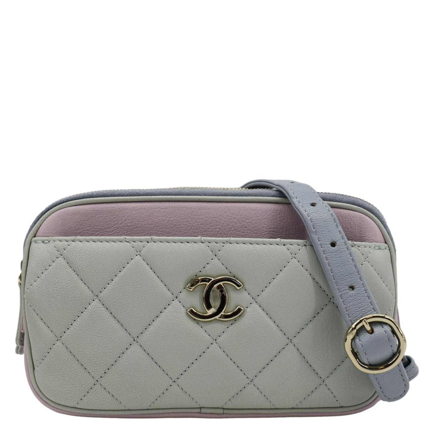 CHANEL CC Double Zip Quilted Leather Tri-Color Belt Bag Pink
