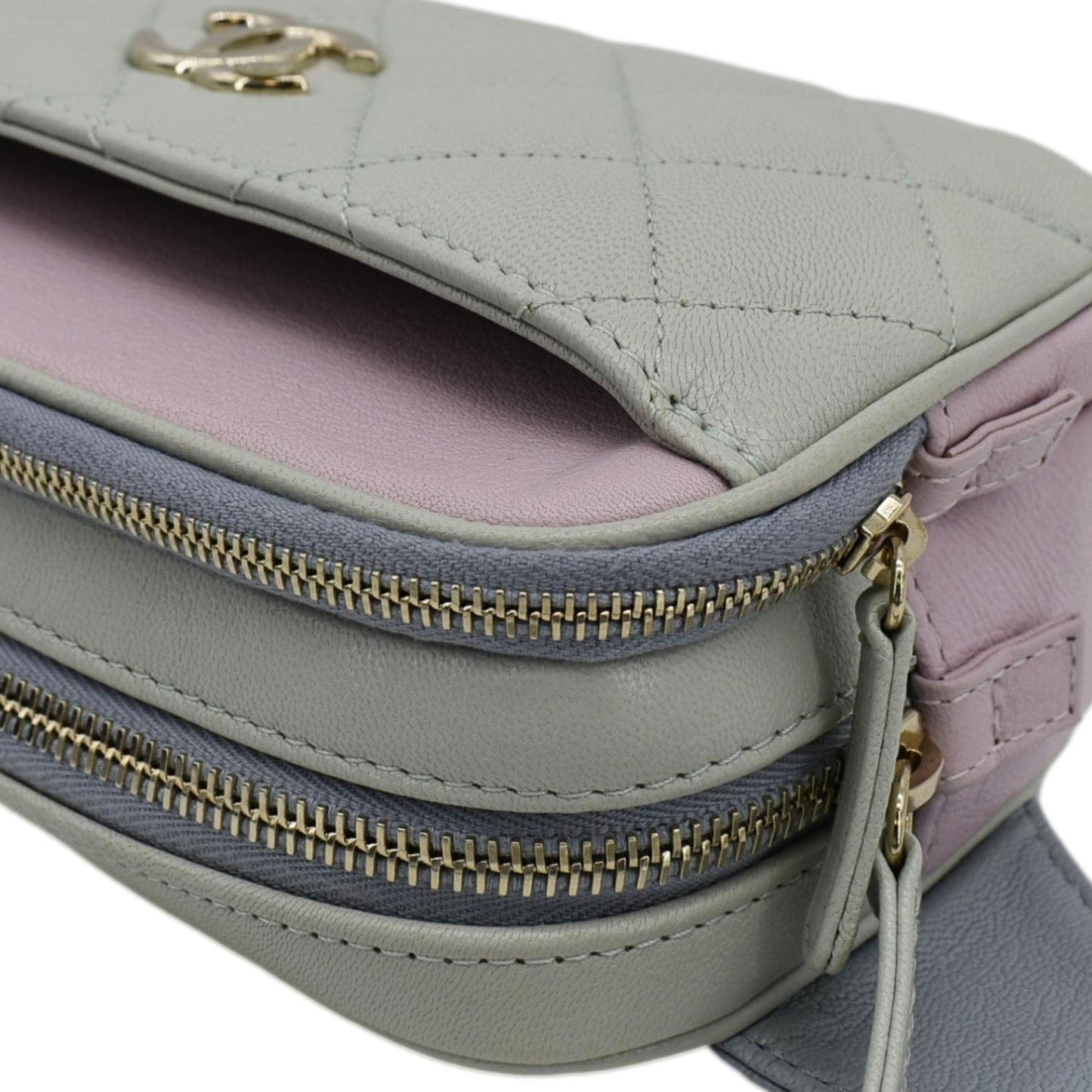 CHANEL CC Double Zip Quilted Leather Tri-Color Belt Bag Pink