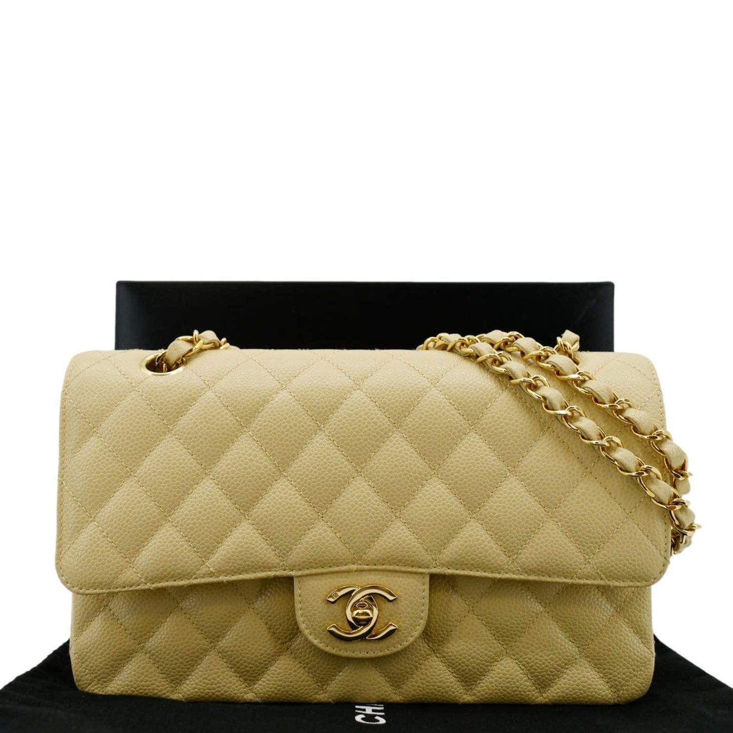CHANEL Classic Double Flap Quilted Caviar Leather Shoulder Bag Cream