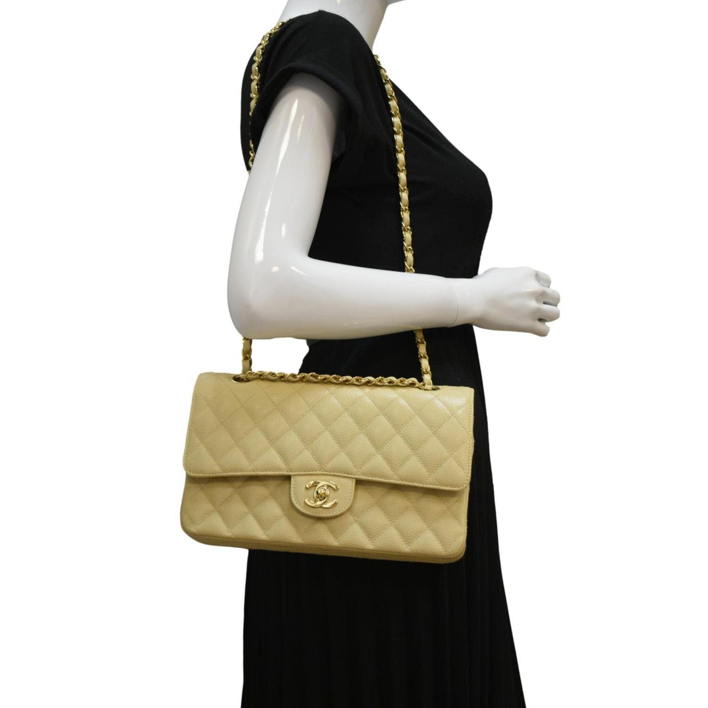CHANEL Classic Double Flap Quilted Caviar Leather Shoulder Bag Cream