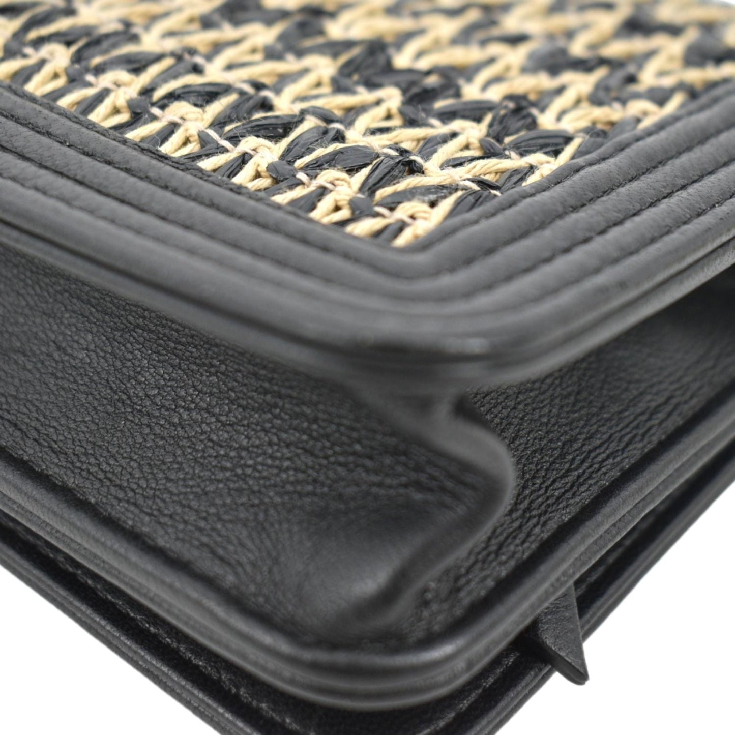 CHANEL Boy Flap Woven Raffia Leather Shoulder Bag Black