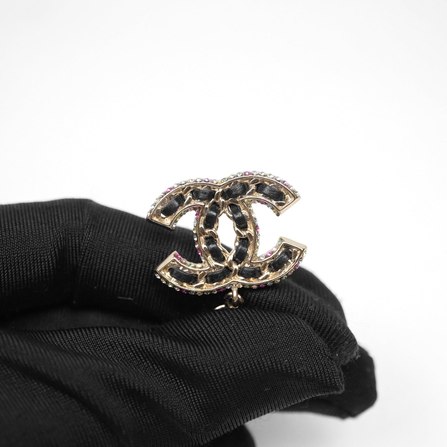 Chanel Pearl Black Leather Drop Crystal CC Earrings Gold Tone 21P