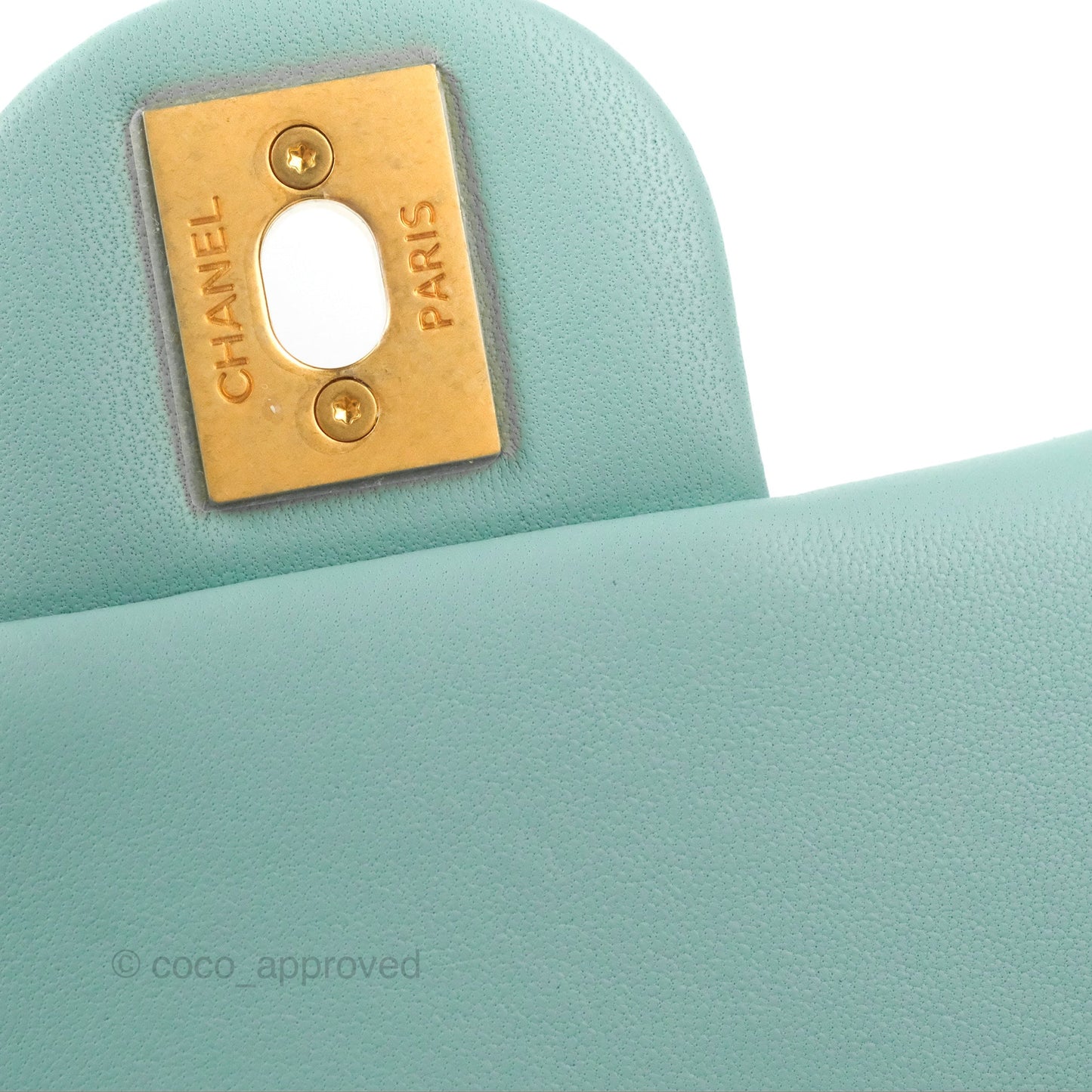 Chanel Circular Handle Square Flap Bag Tiffany Blue Lambskin Aged Gold Hardware