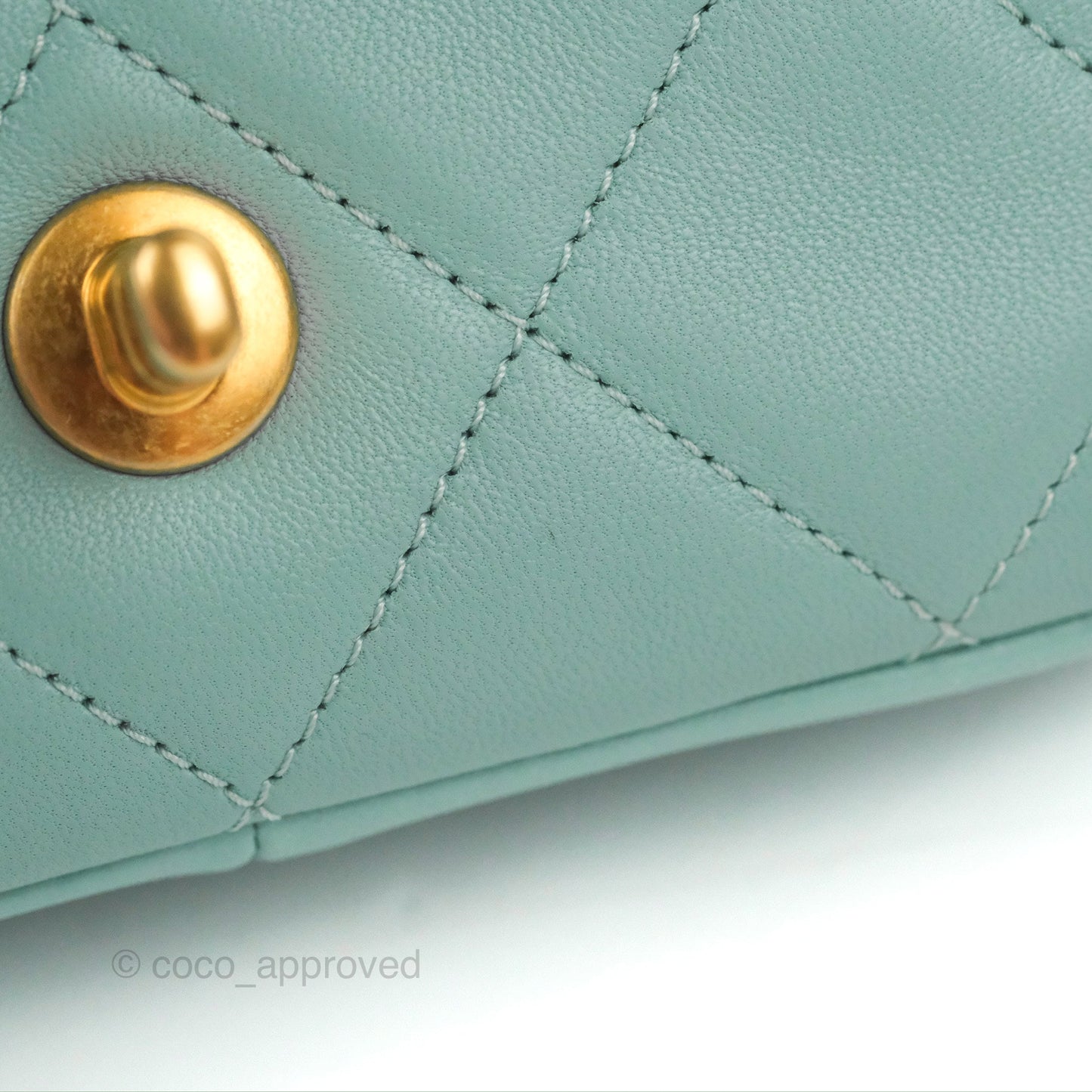 Chanel Circular Handle Square Flap Bag Tiffany Blue Lambskin Aged Gold Hardware