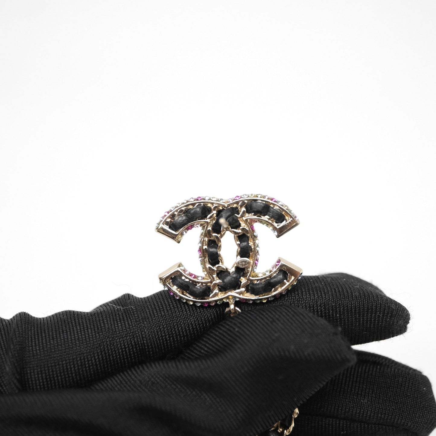 Chanel Pearl Black Leather Drop Crystal CC Earrings Gold Tone 21P