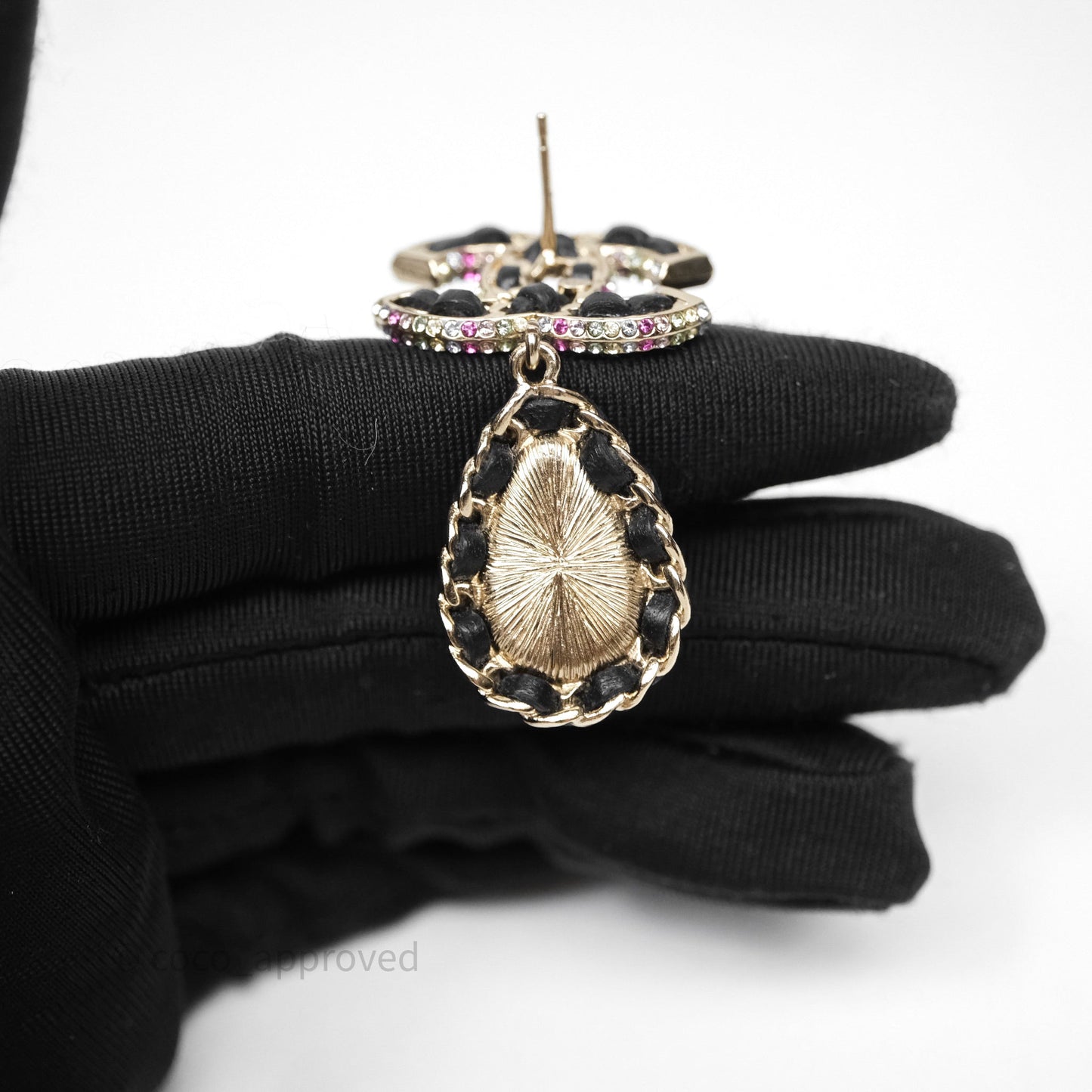 Chanel Pearl Black Leather Drop Crystal CC Earrings Gold Tone 21P