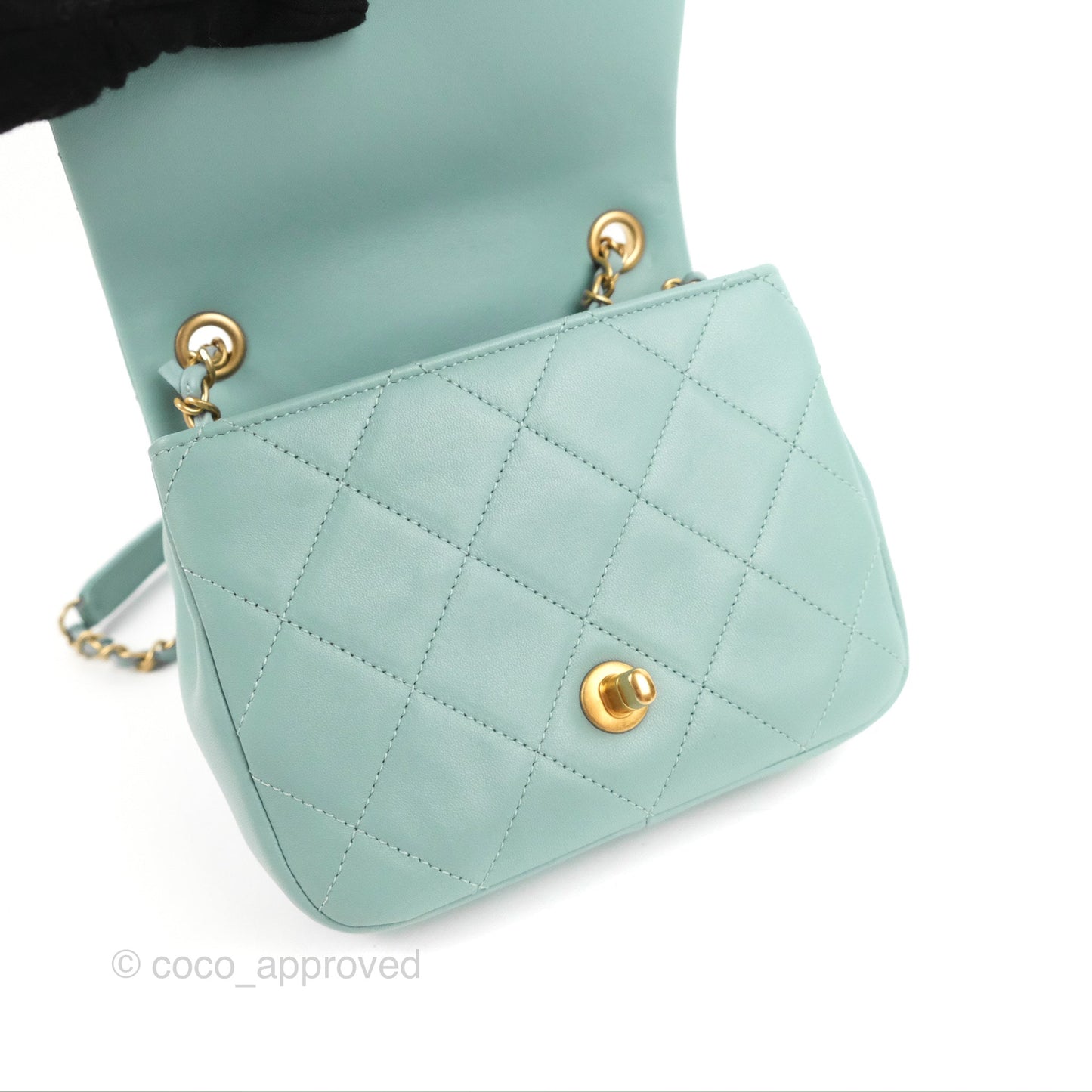 Chanel Circular Handle Square Flap Bag Tiffany Blue Lambskin Aged Gold Hardware