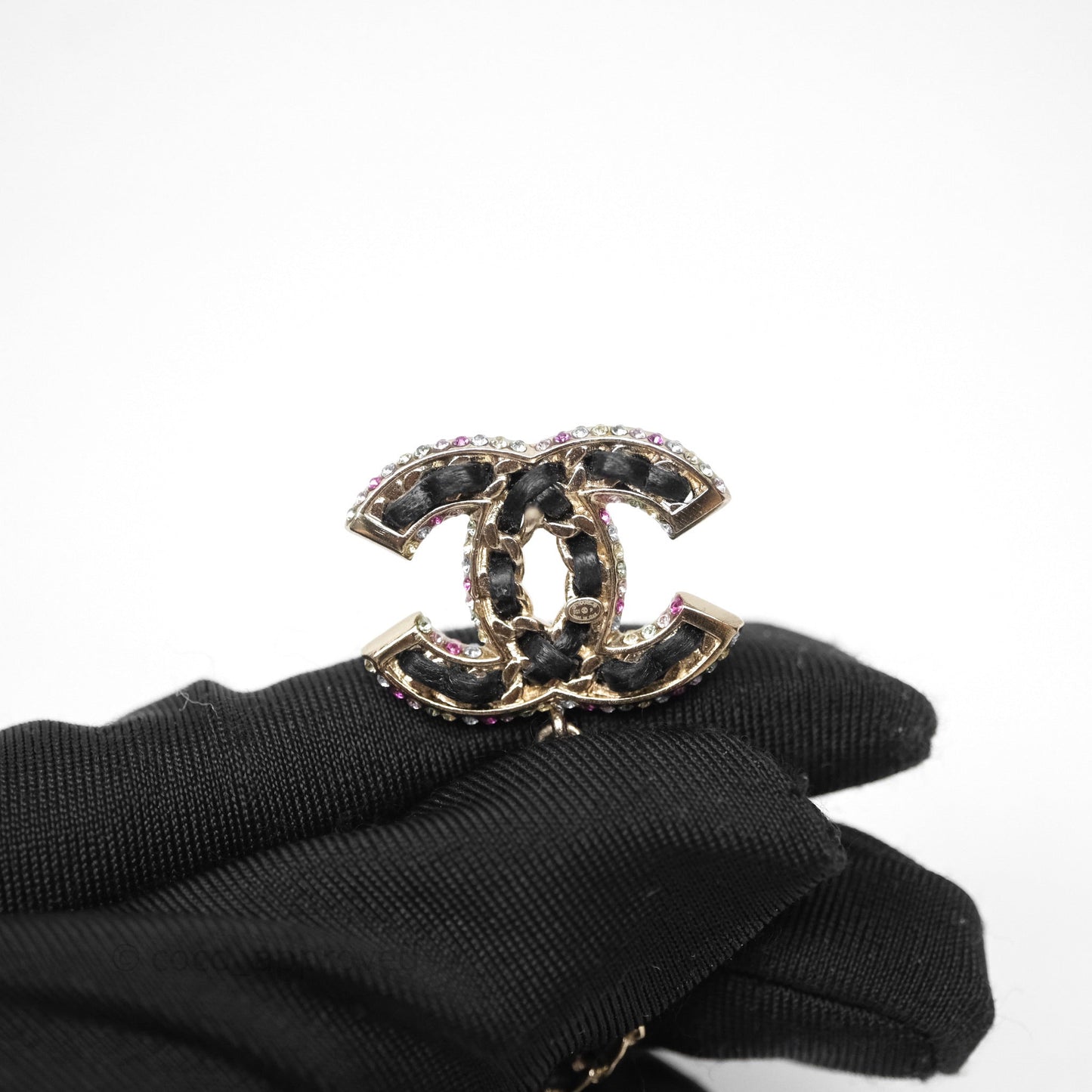 Chanel Pearl Black Leather Drop Crystal CC Earrings Gold Tone 21P