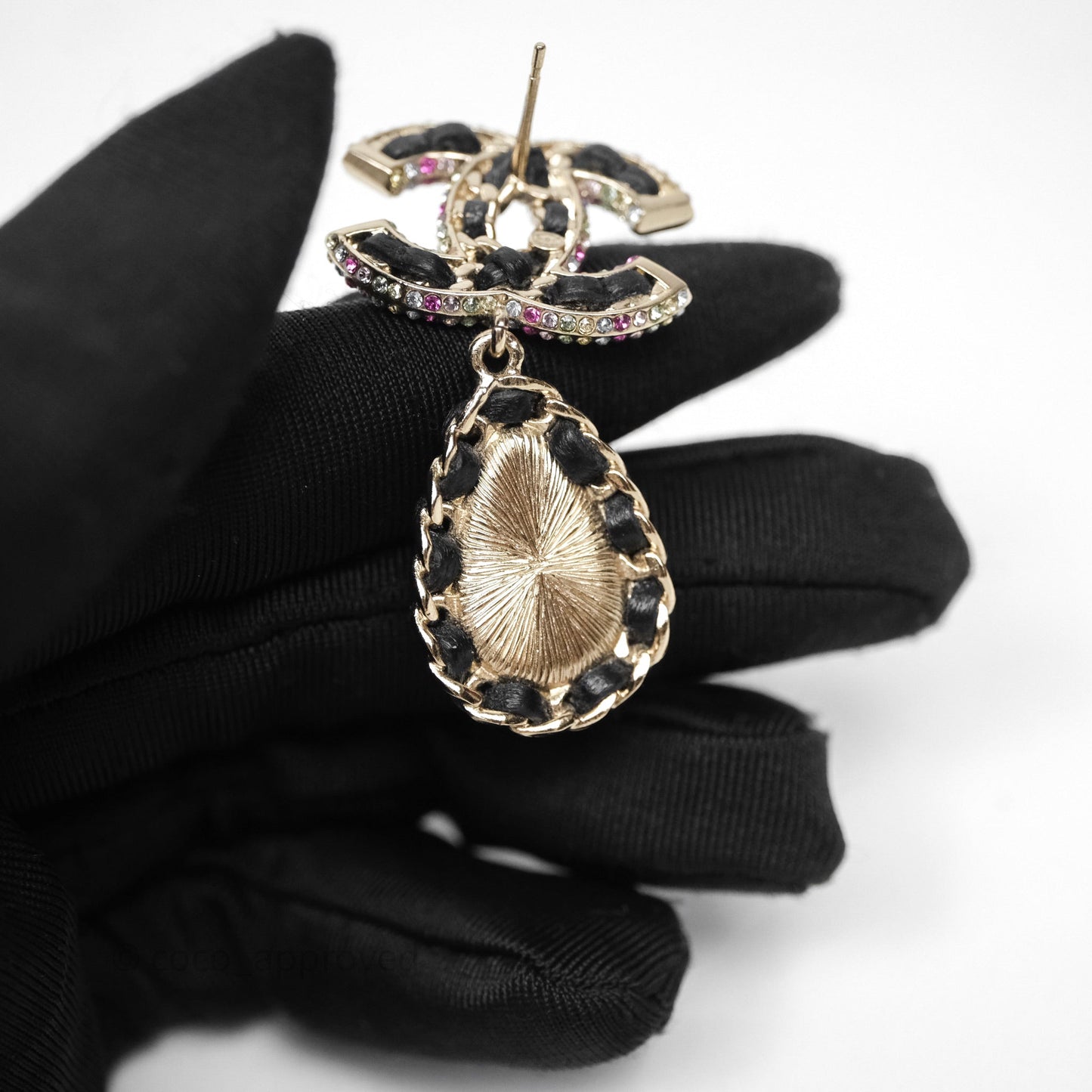 Chanel Pearl Black Leather Drop Crystal CC Earrings Gold Tone 21P